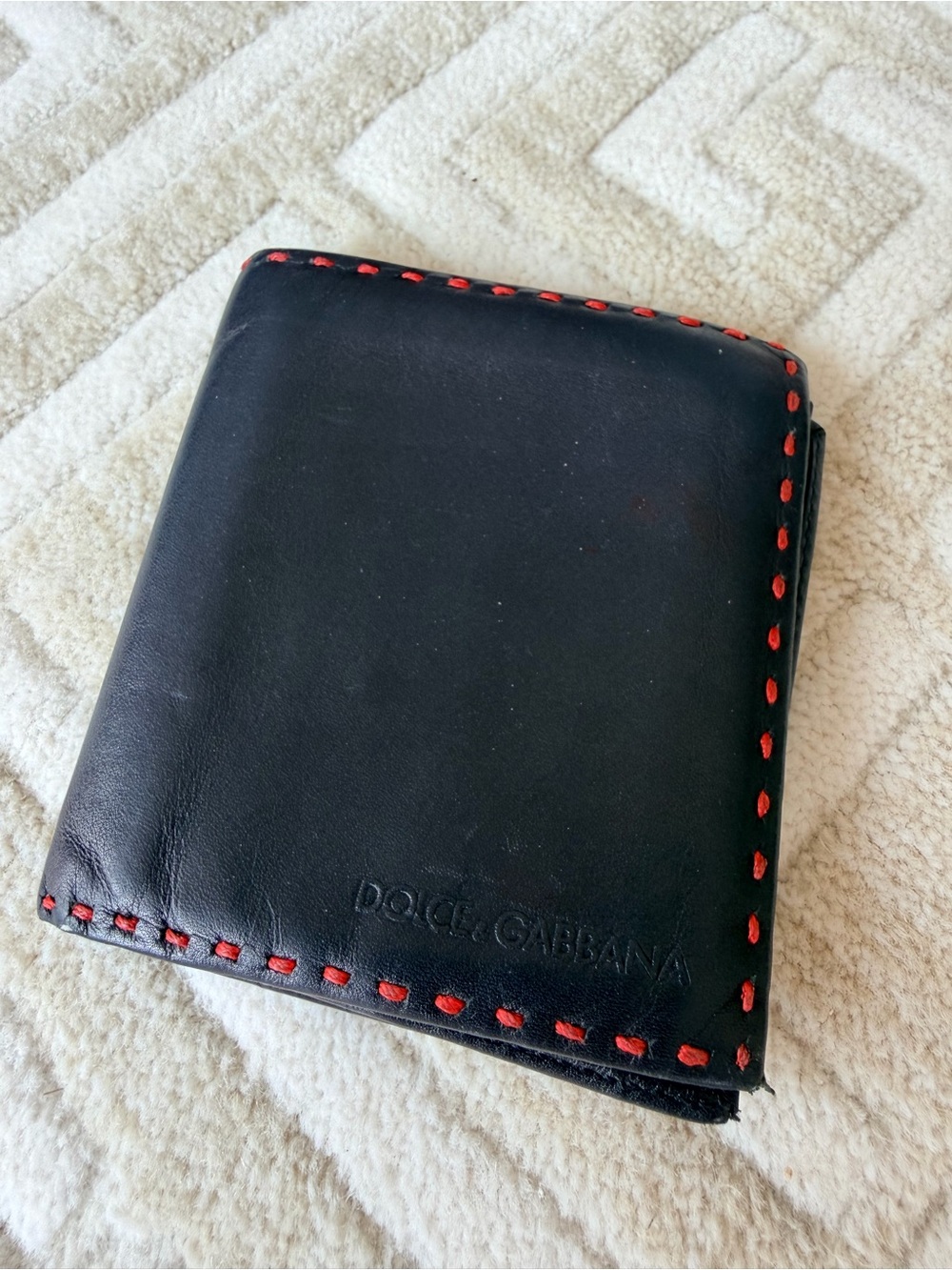 Vintage Dolce & Gabbana Black Leather Bifold Wallet with Red Stitching Accents